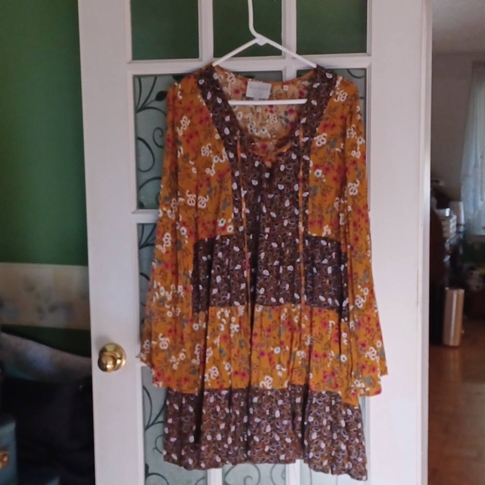 Hayden Mustard Yellow and Brown Floral Tiered Dress
